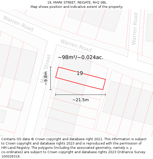 19, MARK STREET, REIGATE, RH2 0BL: Plot and title map