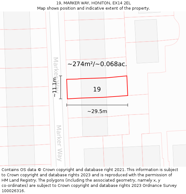 19, MARKER WAY, HONITON, EX14 2EL: Plot and title map