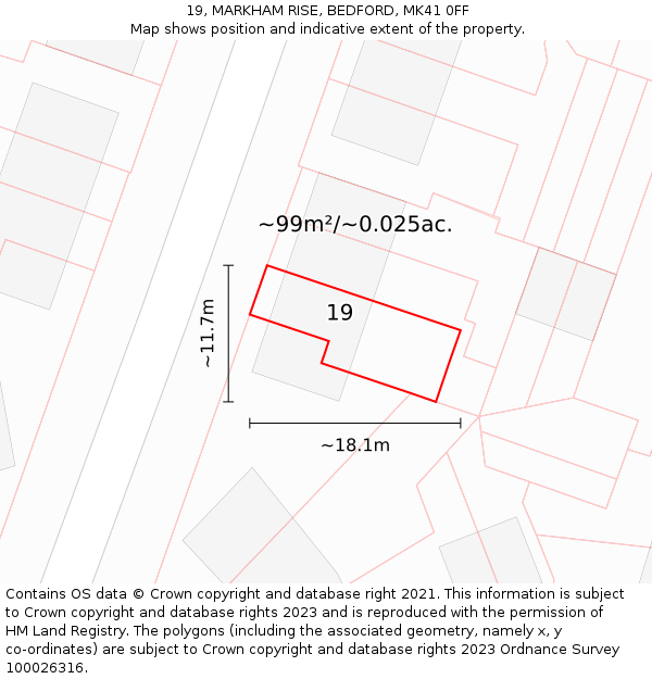 19, MARKHAM RISE, BEDFORD, MK41 0FF: Plot and title map