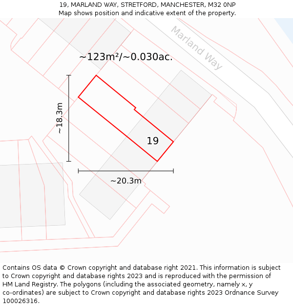19, MARLAND WAY, STRETFORD, MANCHESTER, M32 0NP: Plot and title map