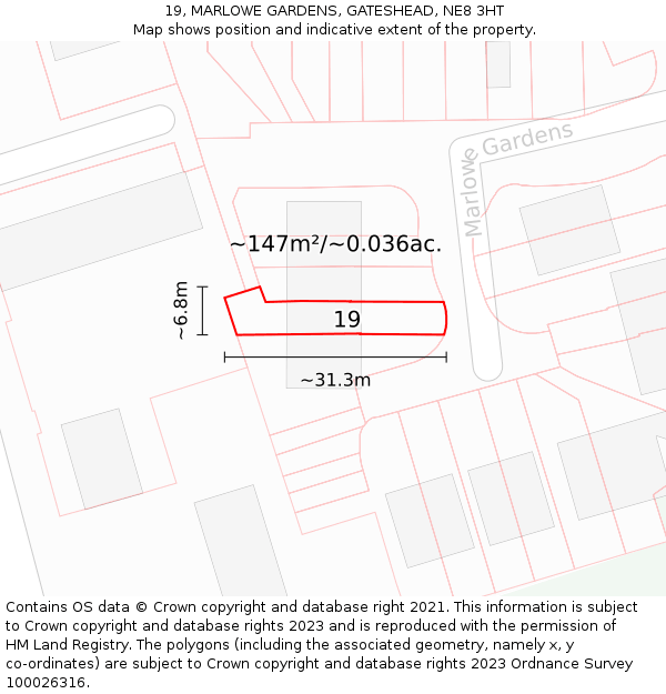 19, MARLOWE GARDENS, GATESHEAD, NE8 3HT: Plot and title map