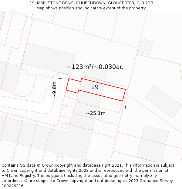 19, MARLSTONE DRIVE, CHURCHDOWN, GLOUCESTER, GL3 2BB: Plot and title map