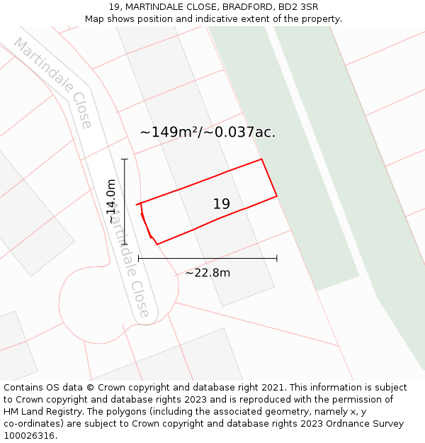 19, MARTINDALE CLOSE, BRADFORD, BD2 3SR: Plot and title map