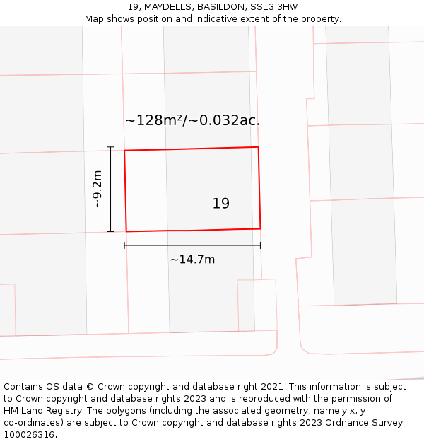 19, MAYDELLS, BASILDON, SS13 3HW: Plot and title map