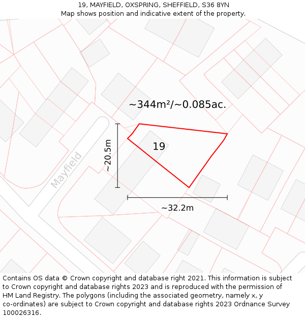 19, MAYFIELD, OXSPRING, SHEFFIELD, S36 8YN: Plot and title map