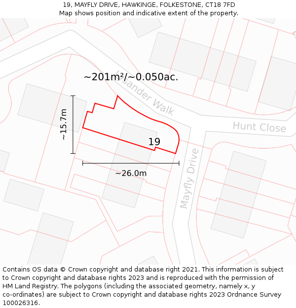 19, MAYFLY DRIVE, HAWKINGE, FOLKESTONE, CT18 7FD: Plot and title map