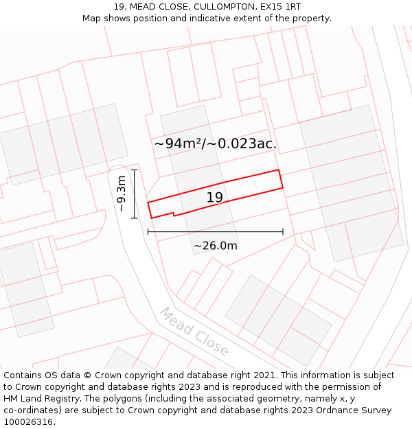 19, MEAD CLOSE, CULLOMPTON, EX15 1RT: Plot and title map