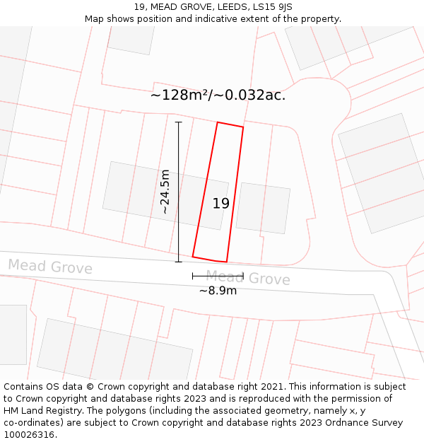 19, MEAD GROVE, LEEDS, LS15 9JS: Plot and title map