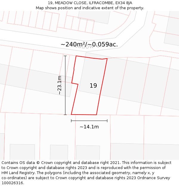 19, MEADOW CLOSE, ILFRACOMBE, EX34 8JA: Plot and title map