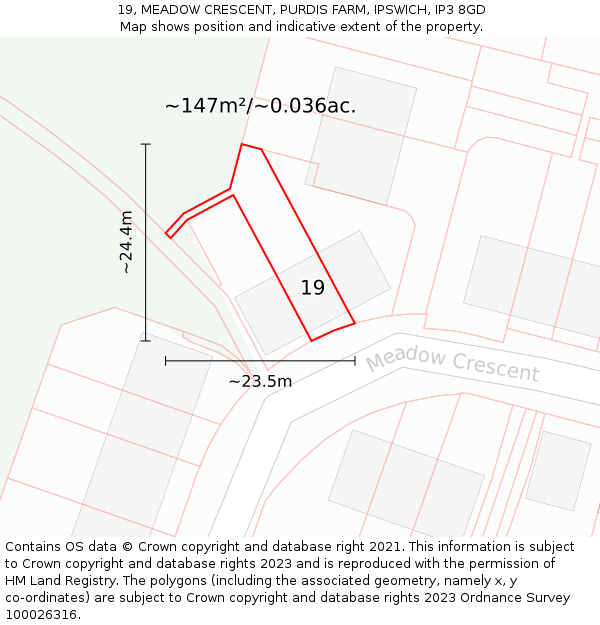 19, MEADOW CRESCENT, PURDIS FARM, IPSWICH, IP3 8GD: Plot and title map
