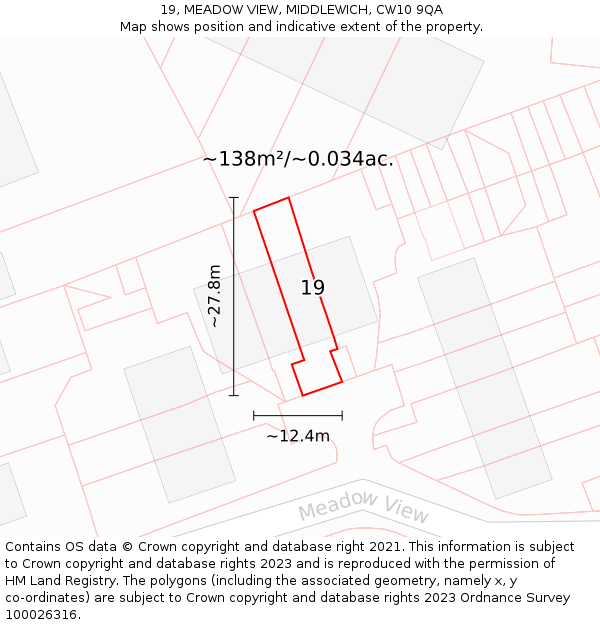 19, MEADOW VIEW, MIDDLEWICH, CW10 9QA: Plot and title map