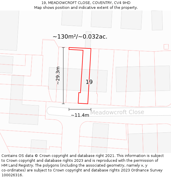 19, MEADOWCROFT CLOSE, COVENTRY, CV4 9HD: Plot and title map