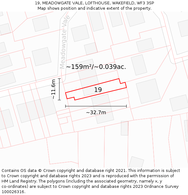 19, MEADOWGATE VALE, LOFTHOUSE, WAKEFIELD, WF3 3SP: Plot and title map