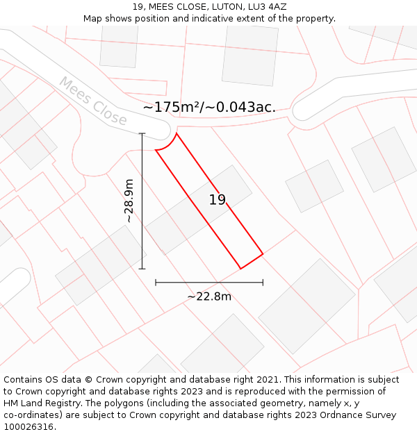 19, MEES CLOSE, LUTON, LU3 4AZ: Plot and title map