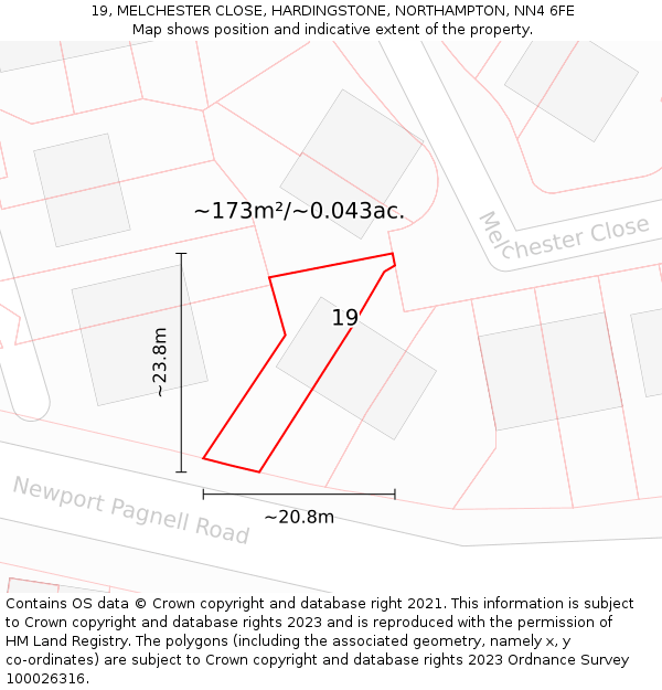 19, MELCHESTER CLOSE, HARDINGSTONE, NORTHAMPTON, NN4 6FE: Plot and title map