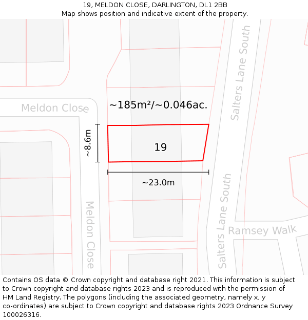 19, MELDON CLOSE, DARLINGTON, DL1 2BB: Plot and title map