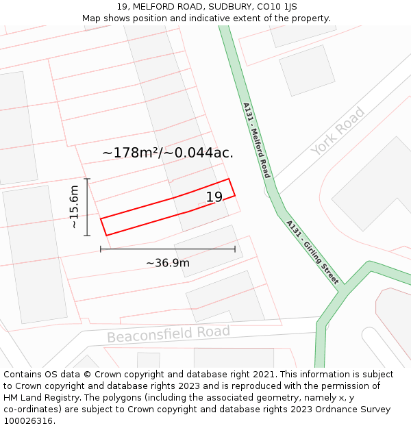 19, MELFORD ROAD, SUDBURY, CO10 1JS: Plot and title map