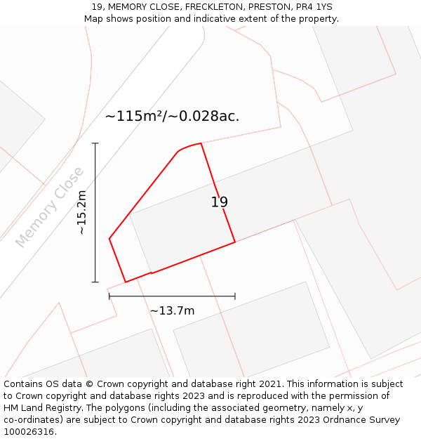19, MEMORY CLOSE, FRECKLETON, PRESTON, PR4 1YS: Plot and title map