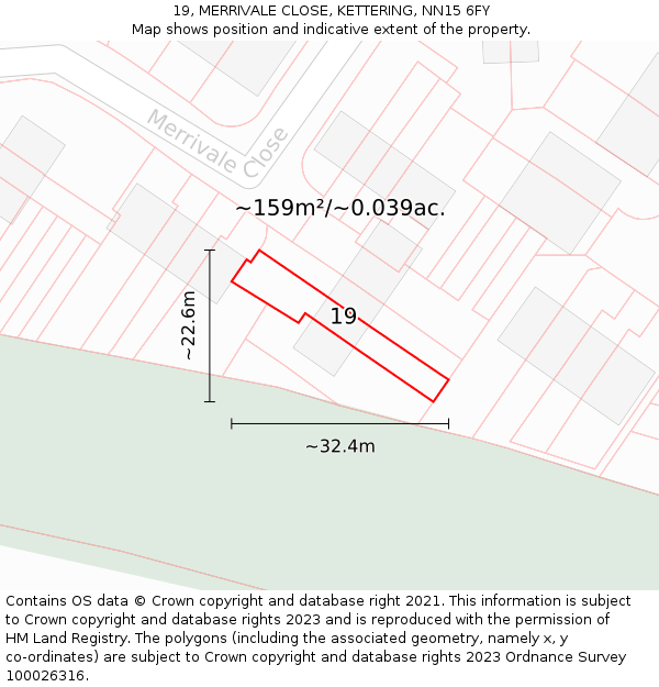 19, MERRIVALE CLOSE, KETTERING, NN15 6FY: Plot and title map