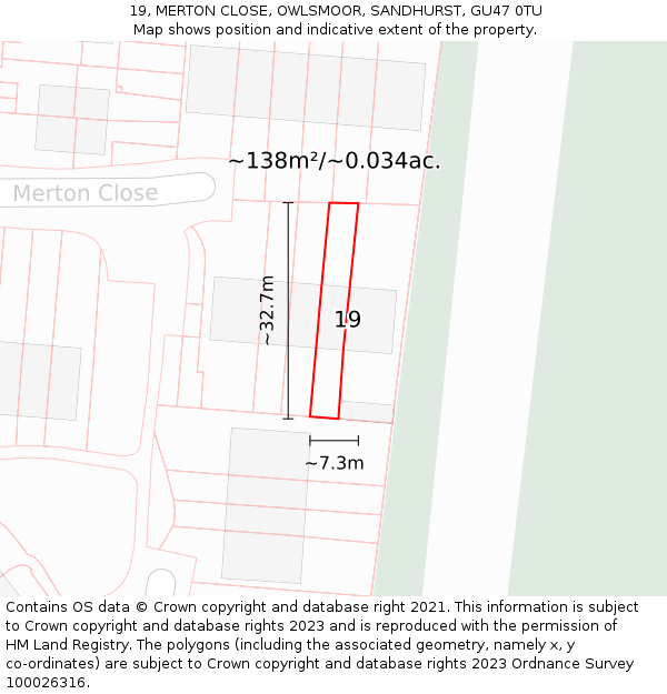 19, MERTON CLOSE, OWLSMOOR, SANDHURST, GU47 0TU: Plot and title map