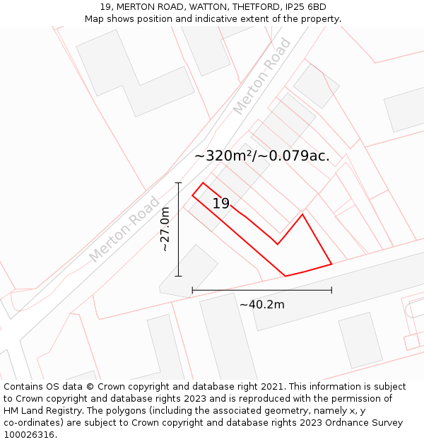 19, MERTON ROAD, WATTON, THETFORD, IP25 6BD: Plot and title map