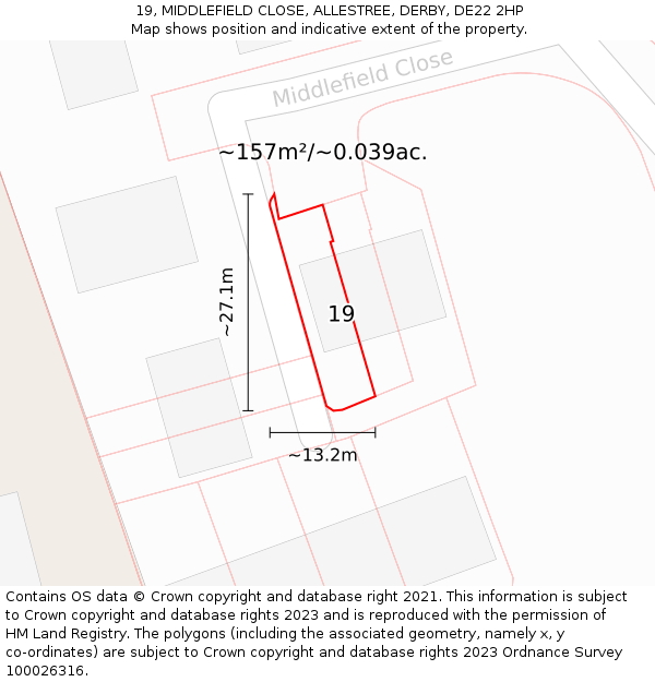 19, MIDDLEFIELD CLOSE, ALLESTREE, DERBY, DE22 2HP: Plot and title map