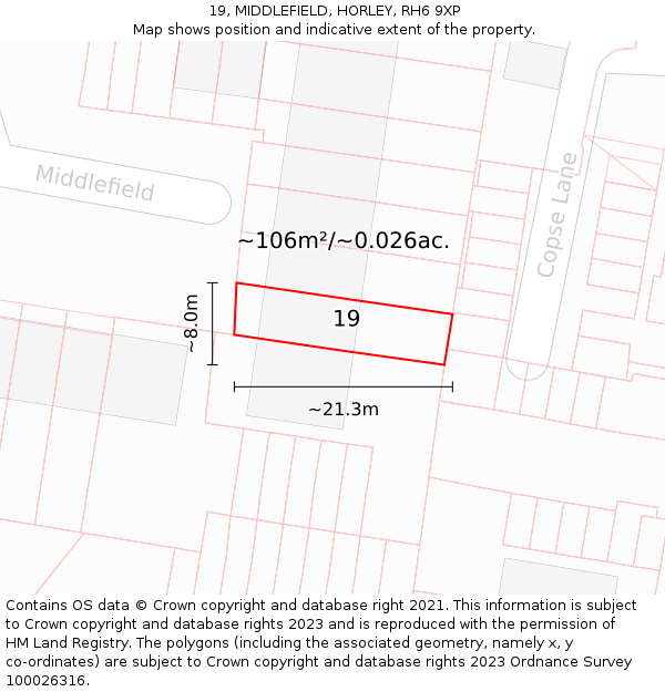 19, MIDDLEFIELD, HORLEY, RH6 9XP: Plot and title map