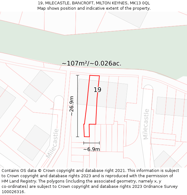 19, MILECASTLE, BANCROFT, MILTON KEYNES, MK13 0QL: Plot and title map