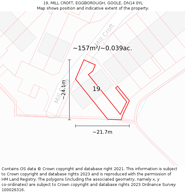 19, MILL CROFT, EGGBOROUGH, GOOLE, DN14 0YL: Plot and title map