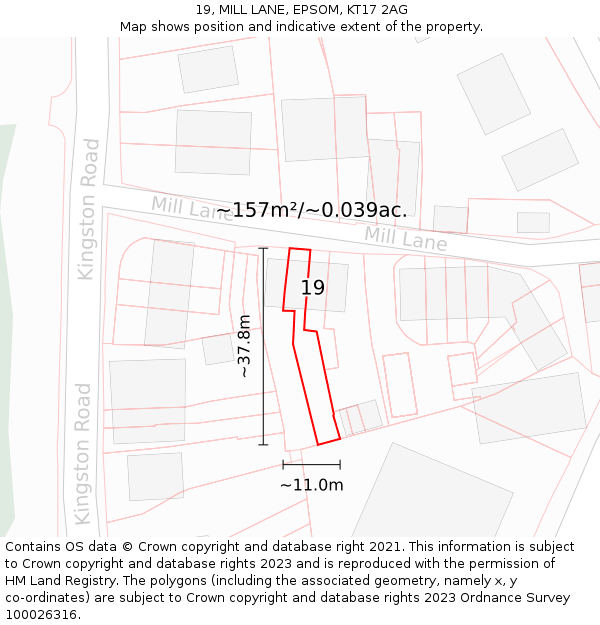 19, MILL LANE, EPSOM, KT17 2AG: Plot and title map