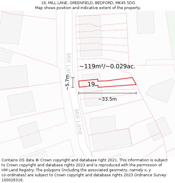 19, MILL LANE, GREENFIELD, BEDFORD, MK45 5DG: Plot and title map
