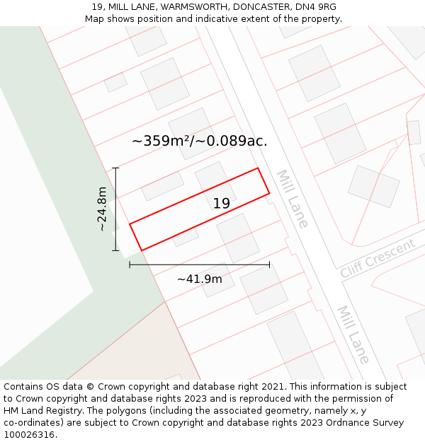 19, MILL LANE, WARMSWORTH, DONCASTER, DN4 9RG: Plot and title map