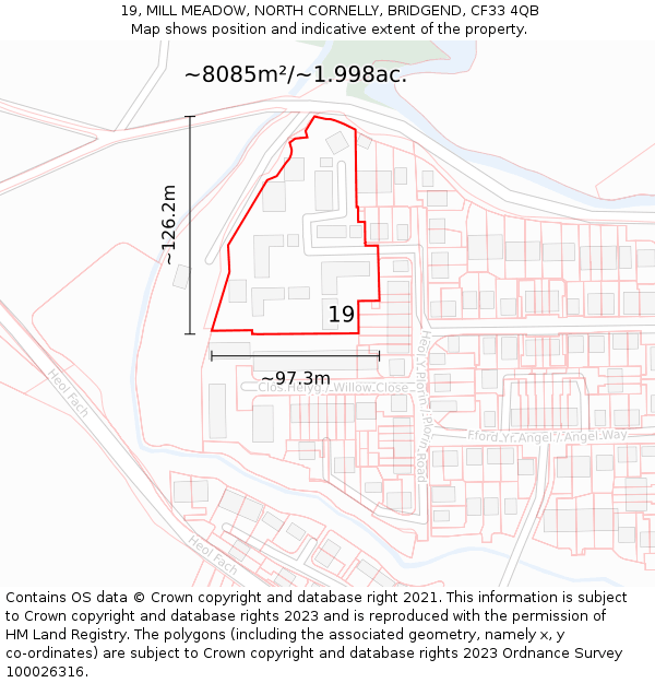 19, MILL MEADOW, NORTH CORNELLY, BRIDGEND, CF33 4QB: Plot and title map