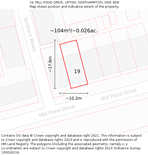 19, MILL POND DRIVE, UPTON, NORTHAMPTON, NN5 4EW: Plot and title map