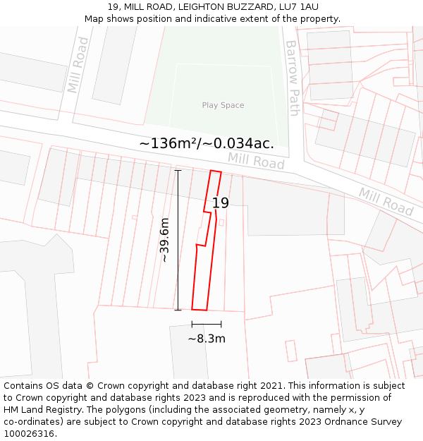 19, MILL ROAD, LEIGHTON BUZZARD, LU7 1AU: Plot and title map