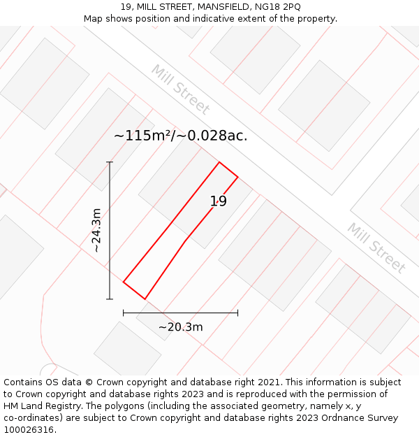 19, MILL STREET, MANSFIELD, NG18 2PQ: Plot and title map