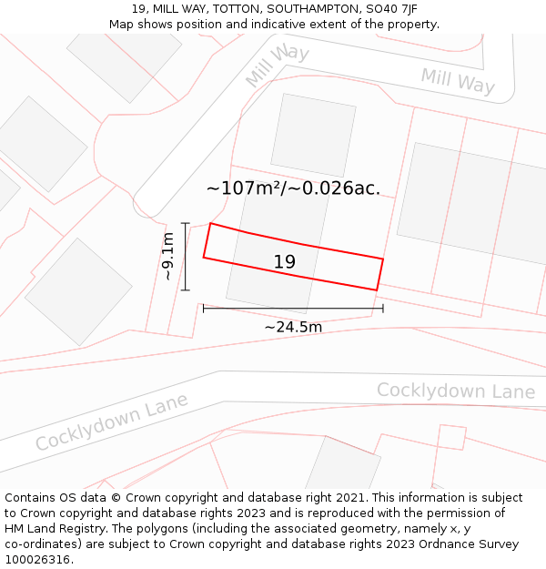 19, MILL WAY, TOTTON, SOUTHAMPTON, SO40 7JF: Plot and title map