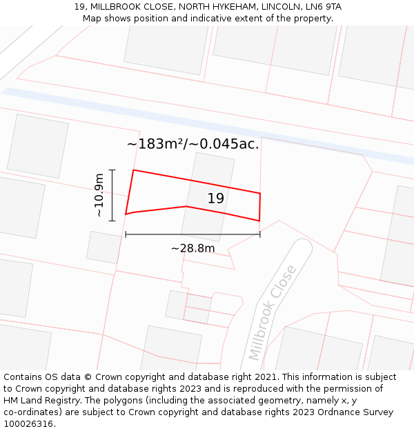 19, MILLBROOK CLOSE, NORTH HYKEHAM, LINCOLN, LN6 9TA: Plot and title map