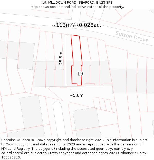 19, MILLDOWN ROAD, SEAFORD, BN25 3PB: Plot and title map