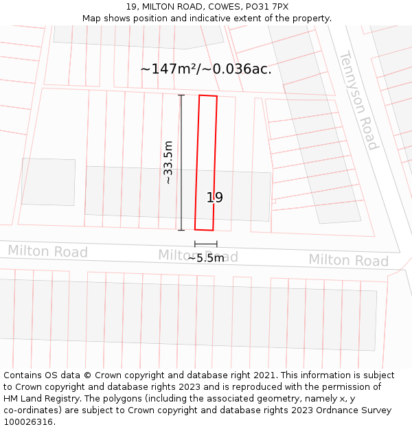 19, MILTON ROAD, COWES, PO31 7PX: Plot and title map