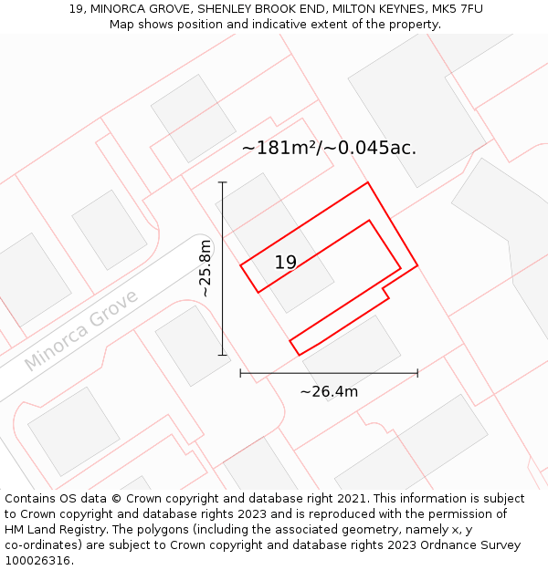 19, MINORCA GROVE, SHENLEY BROOK END, MILTON KEYNES, MK5 7FU: Plot and title map