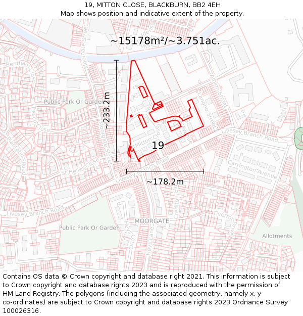 19, MITTON CLOSE, BLACKBURN, BB2 4EH: Plot and title map