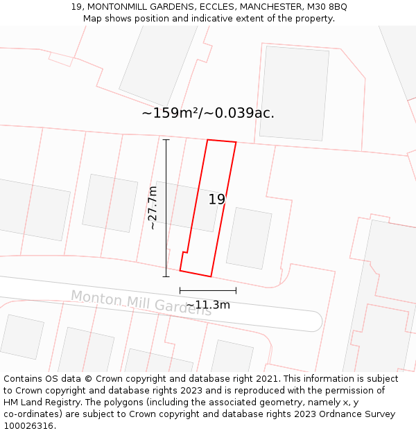 19, MONTONMILL GARDENS, ECCLES, MANCHESTER, M30 8BQ: Plot and title map