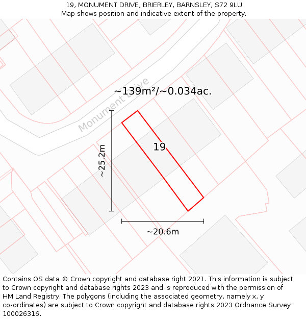 19, MONUMENT DRIVE, BRIERLEY, BARNSLEY, S72 9LU: Plot and title map