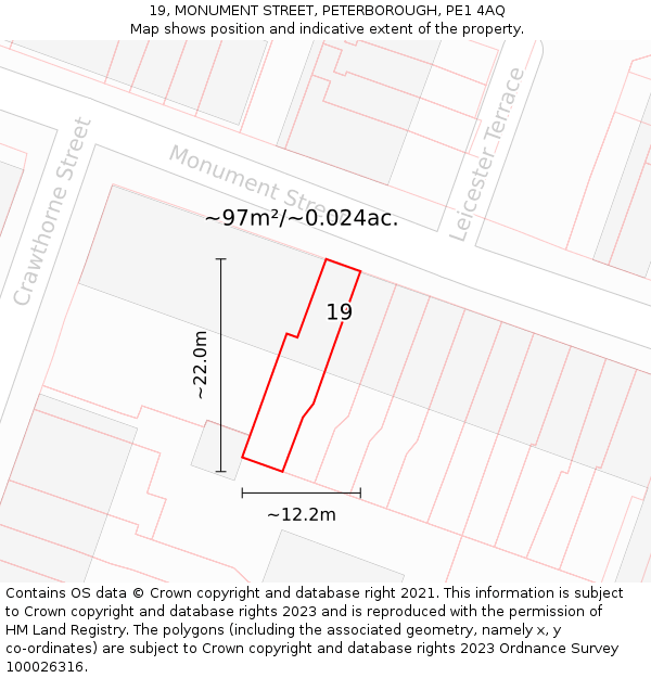 19, MONUMENT STREET, PETERBOROUGH, PE1 4AQ: Plot and title map