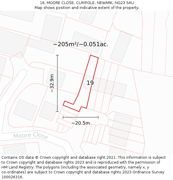 19, MOORE CLOSE, CLAYPOLE, NEWARK, NG23 5AU: Plot and title map