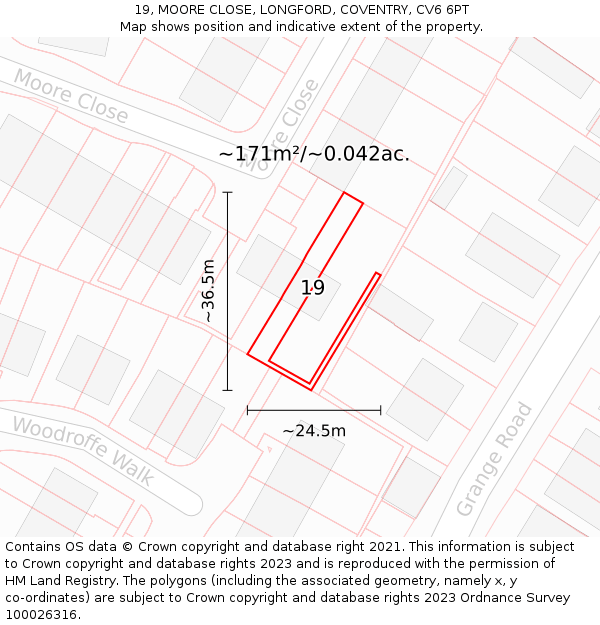 19, MOORE CLOSE, LONGFORD, COVENTRY, CV6 6PT: Plot and title map