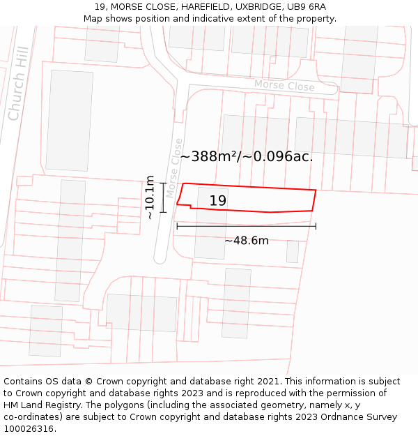 19, MORSE CLOSE, HAREFIELD, UXBRIDGE, UB9 6RA: Plot and title map
