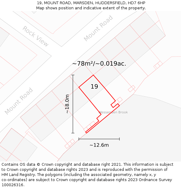 19, MOUNT ROAD, MARSDEN, HUDDERSFIELD, HD7 6HP: Plot and title map