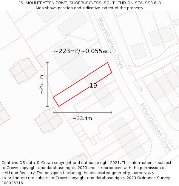19, MOUNTBATTEN DRIVE, SHOEBURYNESS, SOUTHEND-ON-SEA, SS3 8UY: Plot and title map